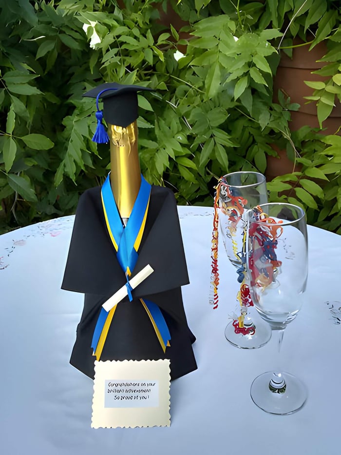 A bottle of champagne wrapped in a graduation gown, with 2 champagne flutes