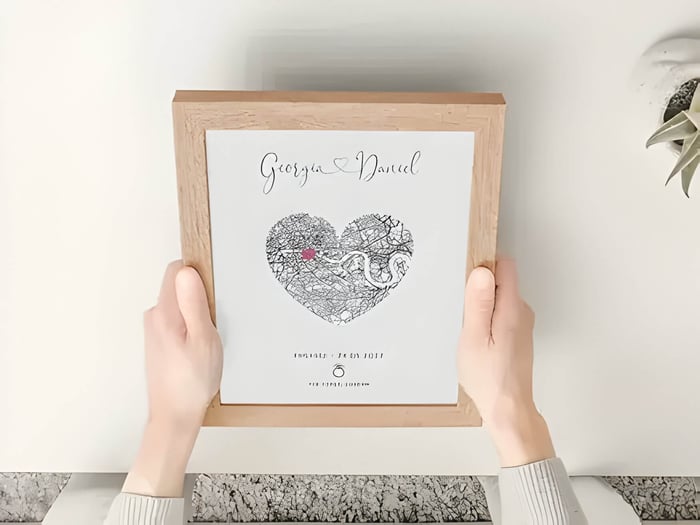 a wooden framed map print of an engagement