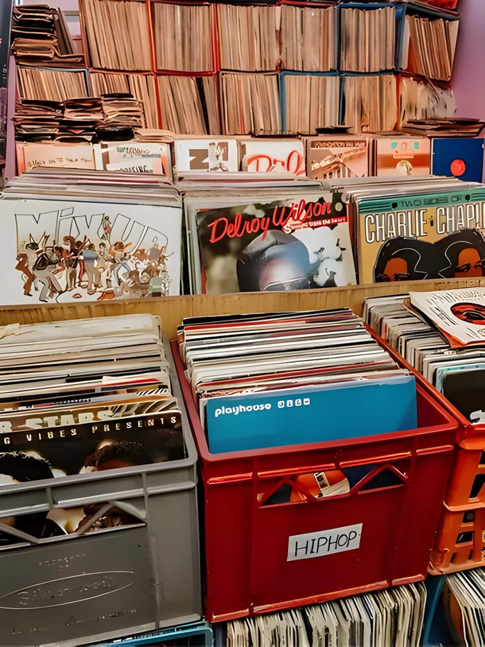 a photo inside a record store, showing boxes of full records