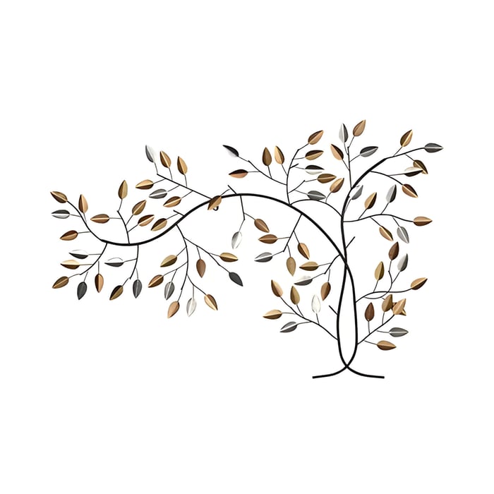 a black and bronze wall sculpture in the shape of a tree