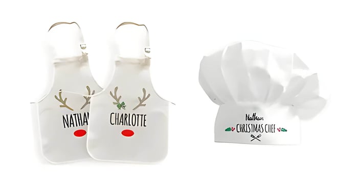 Christmas themed white aprons & chef hat