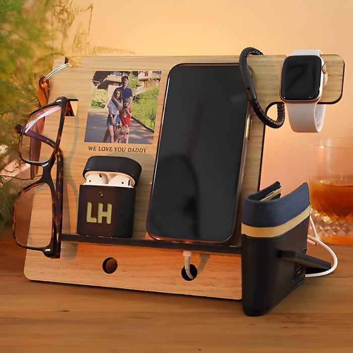 a wooden desk organiser stand