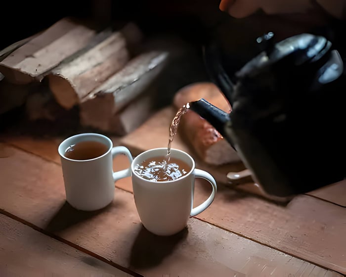 A black teapot pouring tea into 2 white mugs