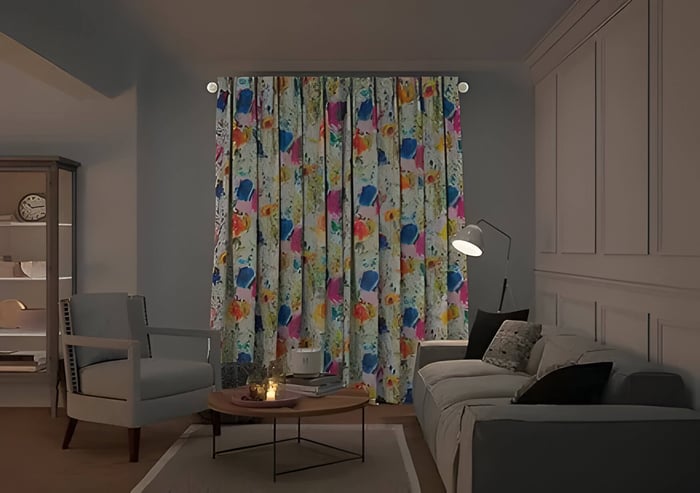a grey living room with bright multicoloured curtains
