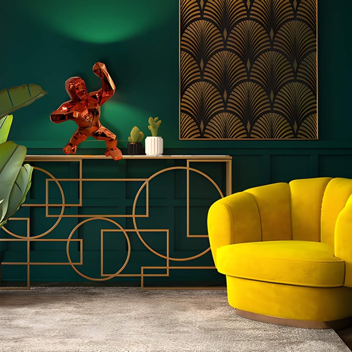 a red gorilla sculpture in an art deco themed interior decor