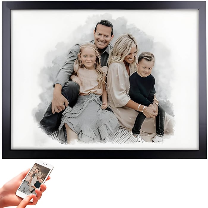 a watercolour style painting of a family inside a black frame