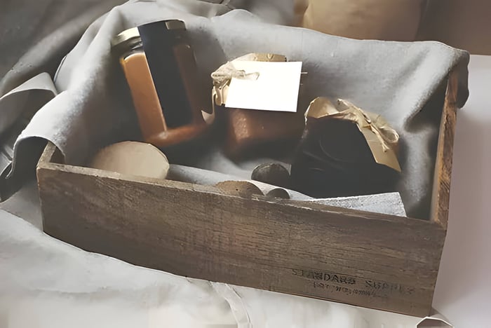 a homemade wooden hamper with various gifts inside