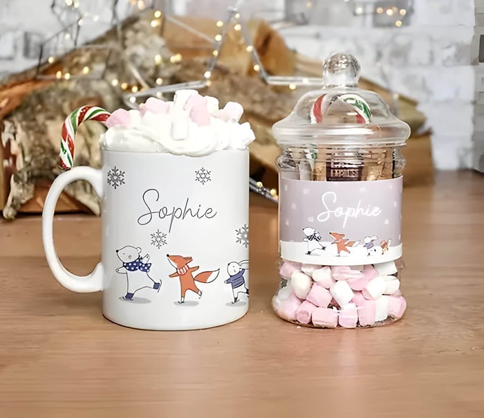 a christmas mug full of hot chocolate with cream, marshmallows and a candycane.