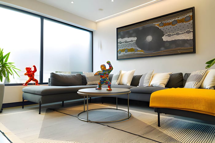 A modern living room with 2 gorilla sculptures