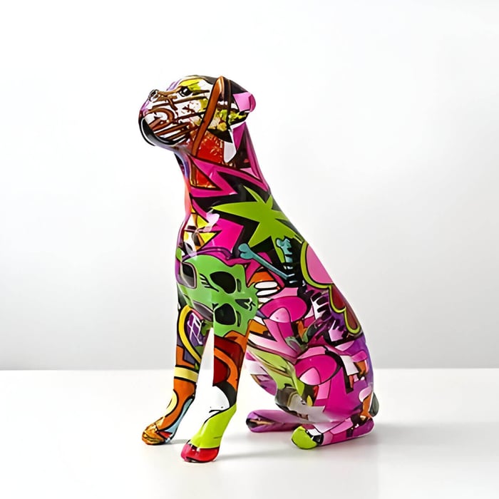 a pop art brightly coloured sculpture of a boxer dog