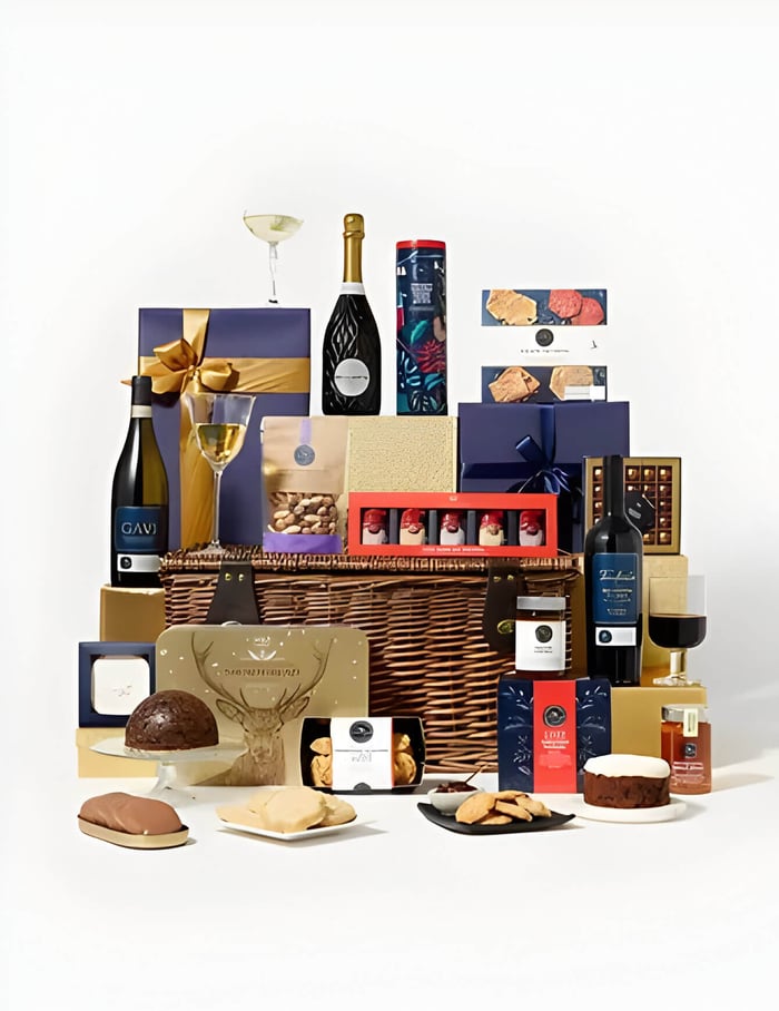a brown wicker hamper surrounded by various food items.