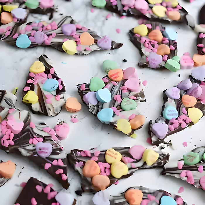 broken up dark chocolate bark with colourful valentines sprinkles