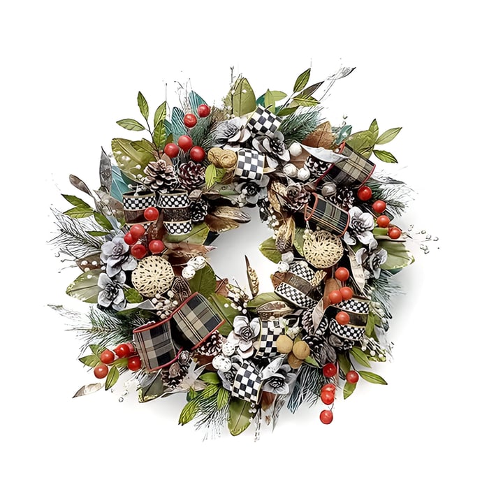 a multicoloured wreath with red berries and black and white ribbon
