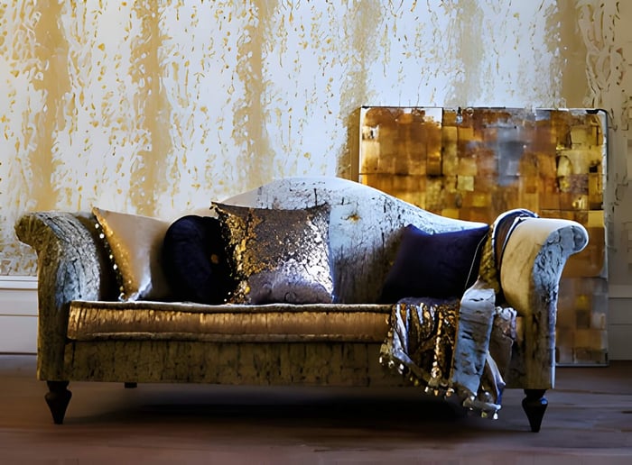 a luxury gold velvet sofa with throws and cushions