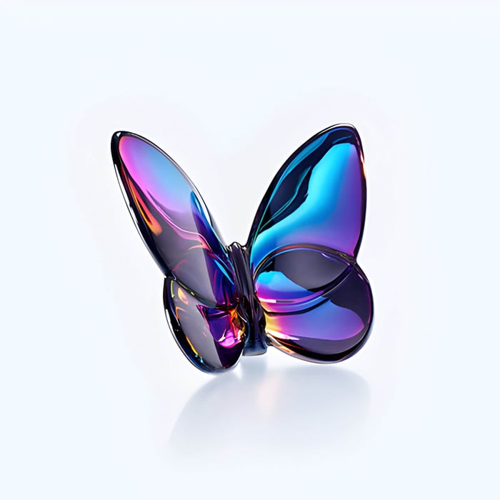 a blue iridescent butterfly glass artwork