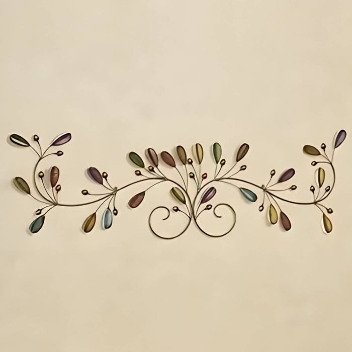 a metal and glass wall sculpture with coloured glass beads