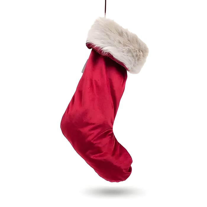 a plush red velvet, fur lined stocking
