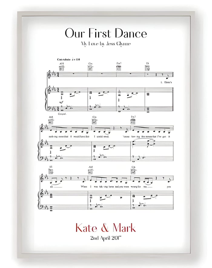 Sheet music in a pale wooden frame