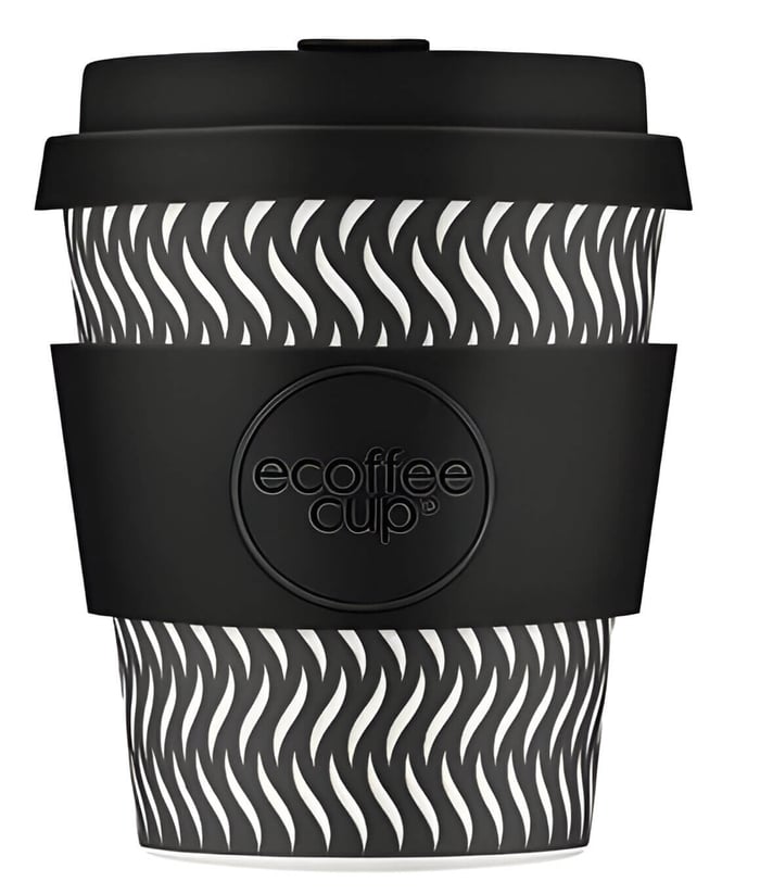 a black and white pattern eco reusable cup