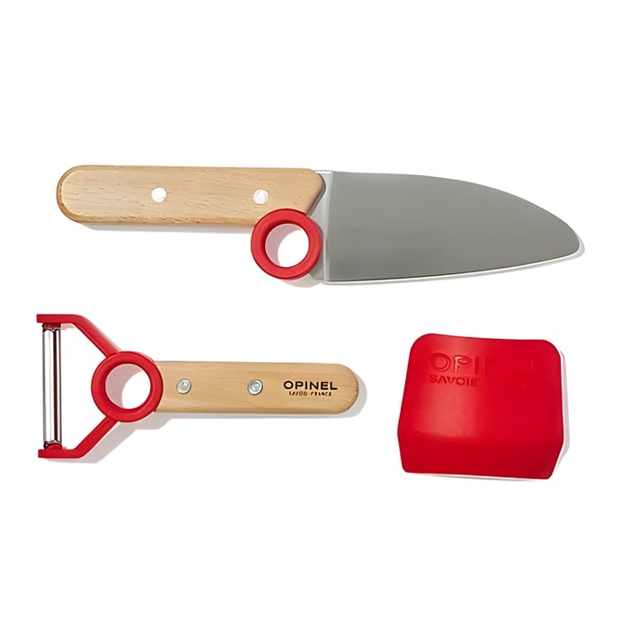 a childrens wooden knife set, with vegetable peeler and finger guard