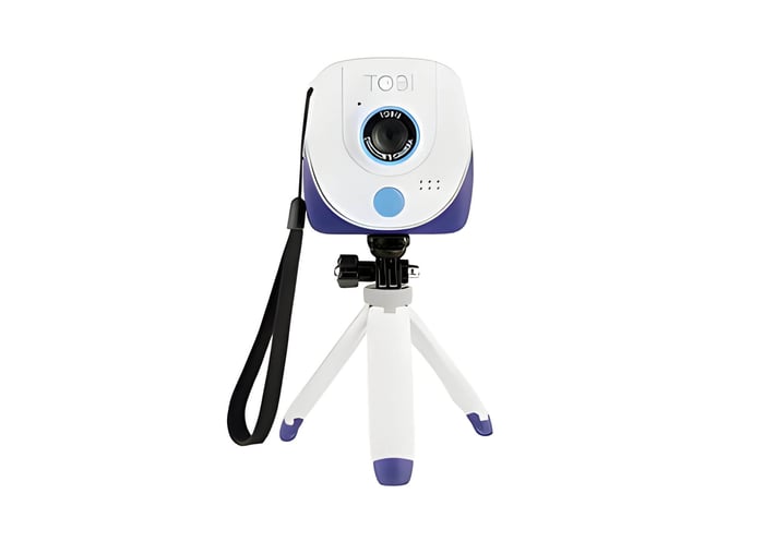 a white and blue children's director camera