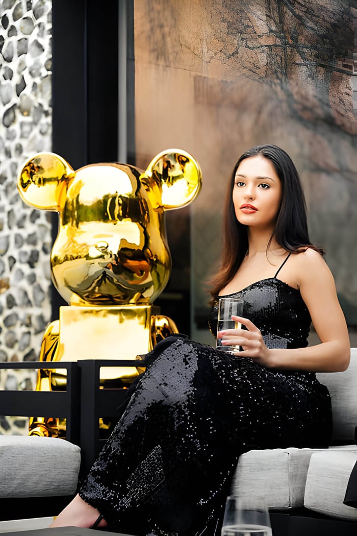 135cm gold giant bear figurine next to an elegant lady