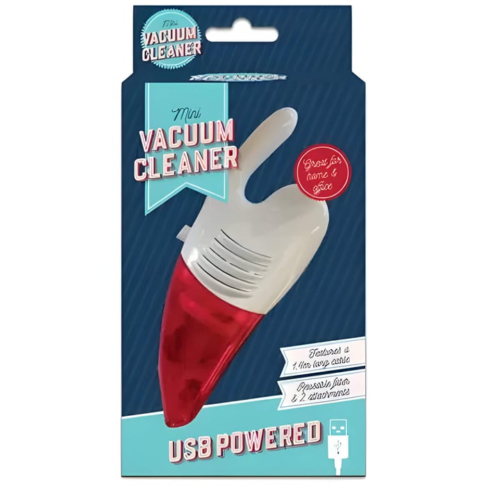 a mini white and red desk vaccum