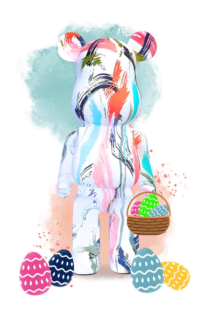 A giant bear sculpture with easter eggs and a basket