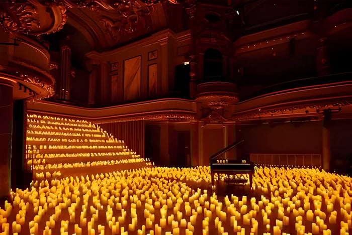 A church filled with candles in dim lighting