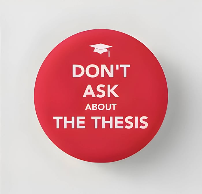 A round, red pin badge, with white text