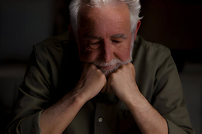 An elderly man looking sad