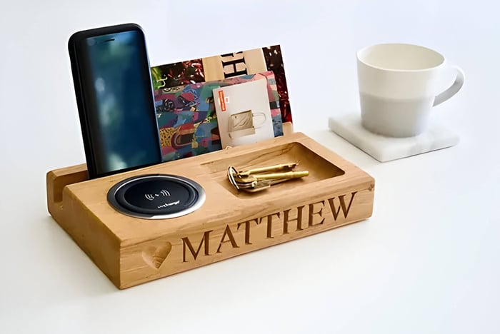 a personalised wooden desk organiser with mobile phone, keys and business cards