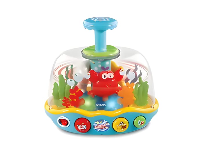 A children's play spinning top with seaside theme