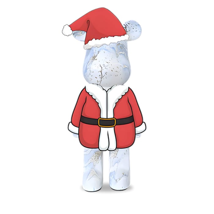 A giant bear sculpture wearing a Santa hat and jacket.