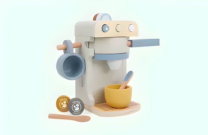 a children's wooden barista machine