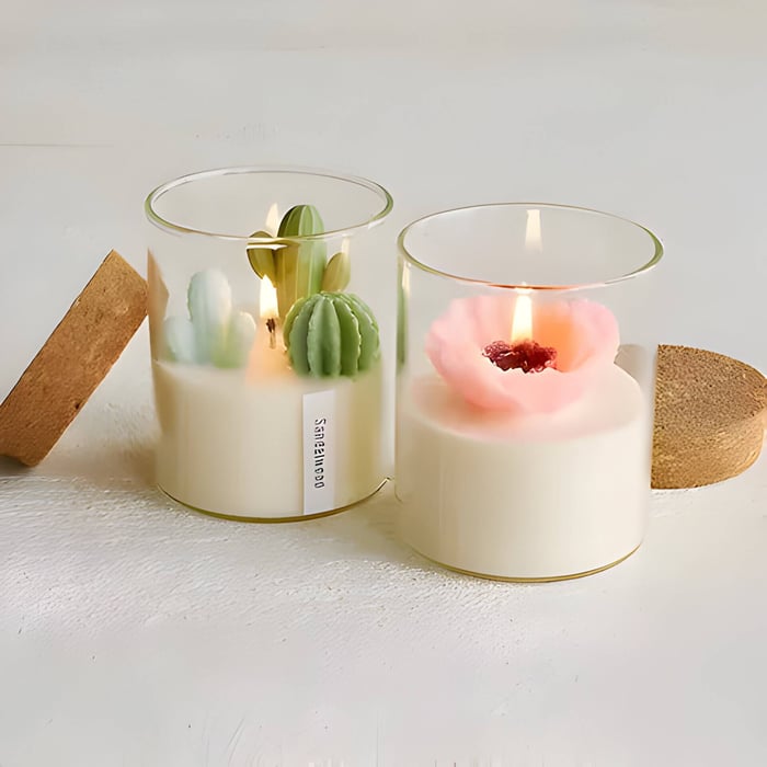 2 terrarium candles one with cacti and one with a flower