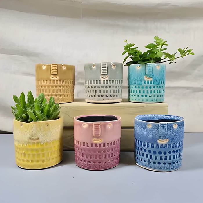6 coloured plant pots with smiley faces on