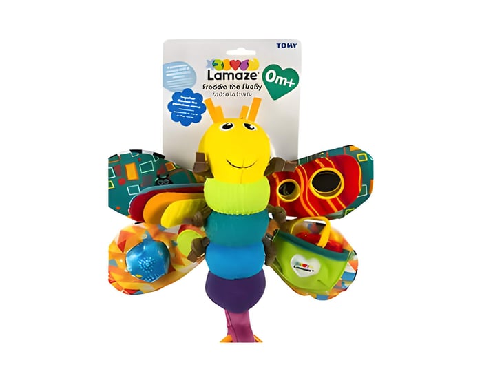 a multicoloured rattle shaped like a firefly
