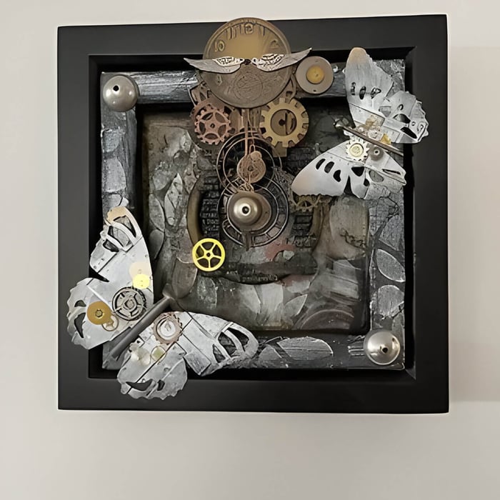 a steam punk style wall sculpture with butterflies