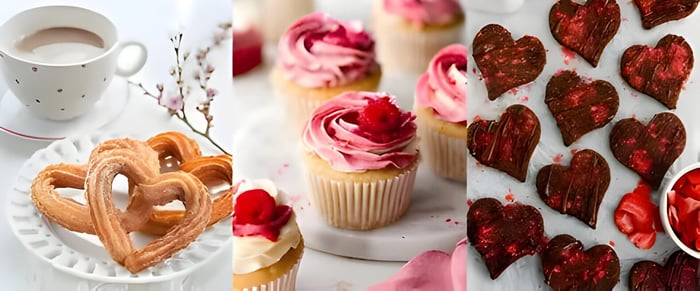 heart shaped churros, pink cupcakes and heart shaped biscuits