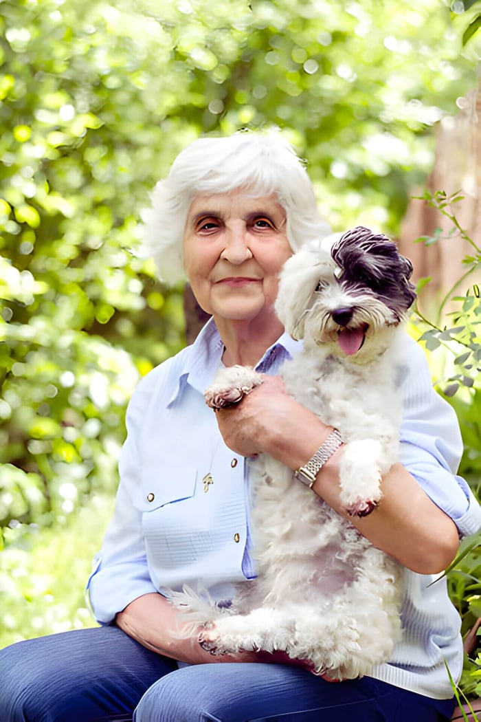 An old lady holding a white and brown dog