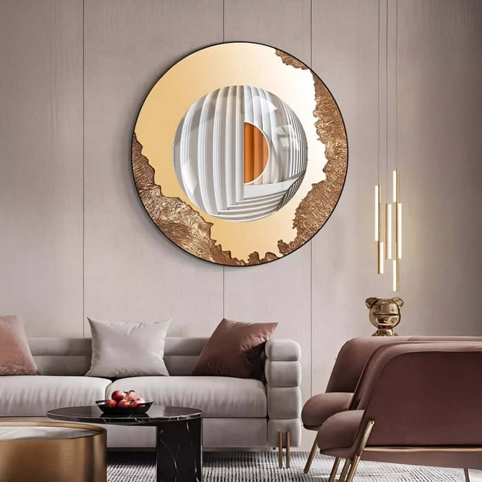 Round 3D wall art featuring an architectural dome illusion in white, gold and warm tones.