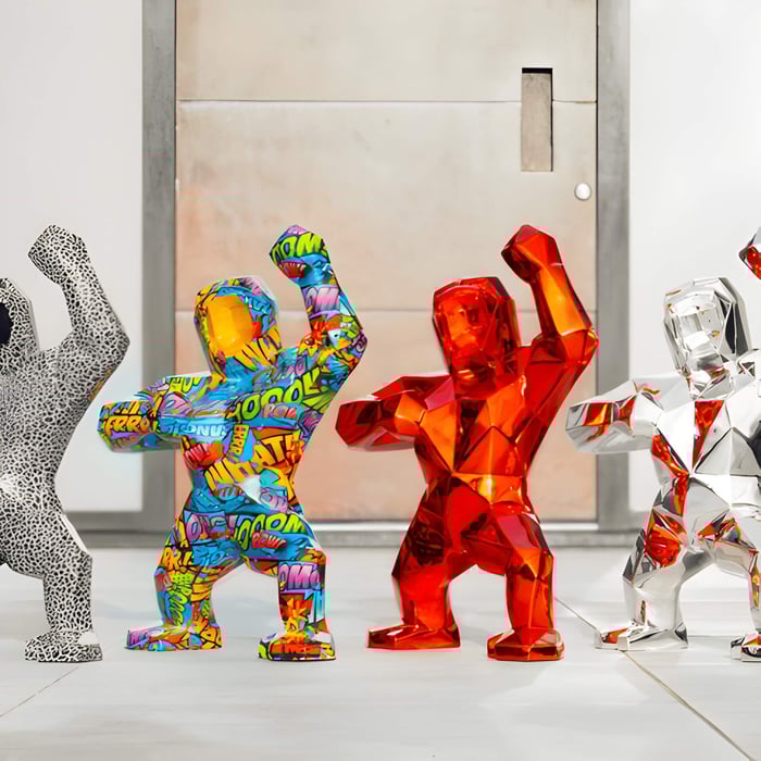 4 gorilla sculptures in a modern home