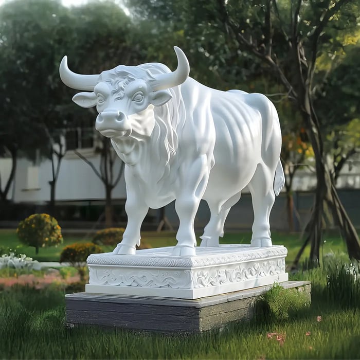 White bull sculpture on an ornate pedestal in a park – A grand white bull statue standing on a carved base surrounded by grass and trees.