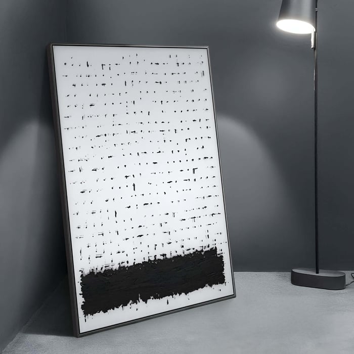 Silk Abstract Art wall piece displayed in a minimalist hallway, adding depth and contrast to the decor.
