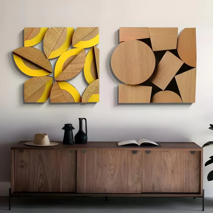 A stylish vertical gold and bronze leaf-themed artwork framed in white, placed in an elegant interior with sophisticated furnishings.