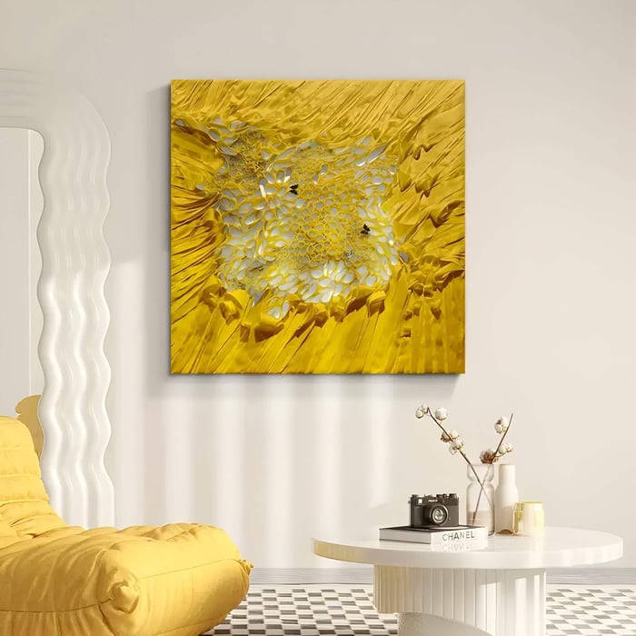 Velorra golden honey bloom ribbon frameless 3D wall art with intricate honeycomb design, modern abstract yellow artwork for living room interiors.