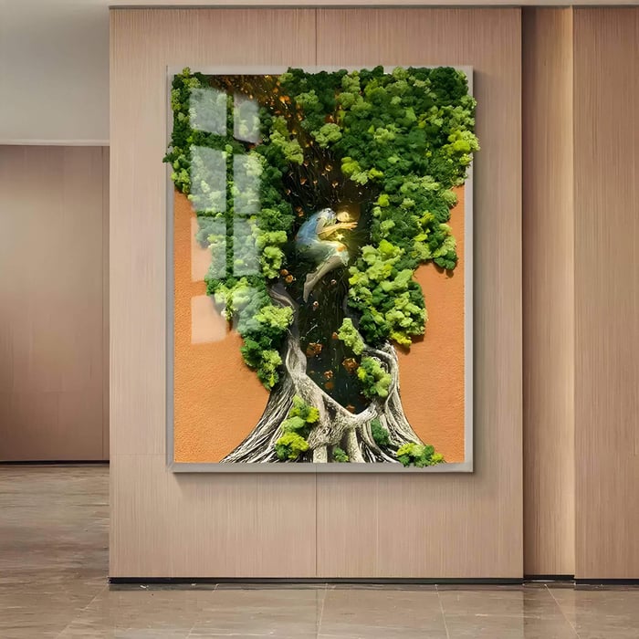 A sculptural moss 3D wall art featuring a textured tree design with preserved green moss and earthy tones, creating a natural statement in a modern hallway interior.