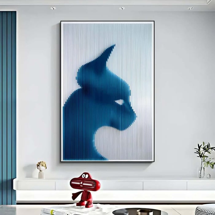 Sleek contemporary room with a tall framed blue striped artwork forming an abstract animal art silhouette above a white console, with a small red toy figure in the foreground.