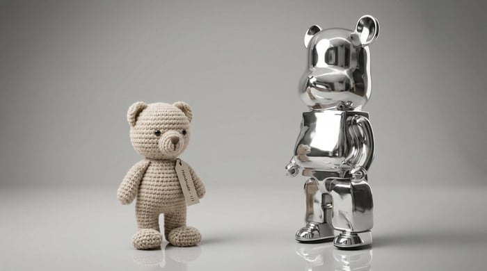 Crochet amigurumi bear and designer bear sculpture — handmade gift alternatives.